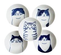 LOVE LOVE JAPAN Japanese Cat Ceramic Small Plates - Set of 5 - Great Gift for Cat Lovers, 5 Cats 3.5in