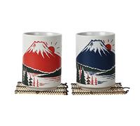 [LOVE LOVE JAPAN] Japanese Tea Cup Sushi-Yunomi Mino Ware With Bamboo Coaster (Set of 2) (Mt. Fuji)