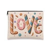 Love Makeup Bag, Candy Themed Cosmetic Pouch for Women, Portable Small Canvas Zipper Organizer, Sweet Festival Toiletry Bag, Beige, 7x9 Inch, Love