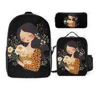 Love Mama Daisy Flower Leopard Trendy Backpack Set for Unisex Lightweight 17inch Daypack with Lunch Bag And Pencil Case 3pcs