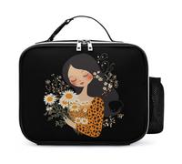 Love Mama Daisy Flower Leopard Trendy Lunch Bag Insulated Reusable Leather Tote Meal Lunchbox Pouch for Office Travel