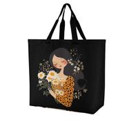 Love Mama Daisy Flower Leopard Women's Tote Bag Reusable Shopping Handbag