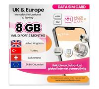 Love Mobile Data Only Sim Card - International Multi-Network 4G/5G Prepaid Data Sim for Mobile Phones, WiFi Routers, & More, UK (O2, Three & Vodafone), Europe, Switzerland & Turkey - 8GB for 12 Months