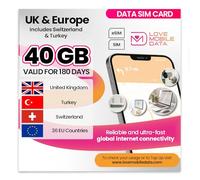 Love Mobile Data Only Sim Card - International Multi-Network 4G/5G Prepaid Data Sim for Mobile Phones, WiFi Routers, & More, UK (O2, Three & Vodafone), Europe, Switzerland & Turkey - 40GB for 180 Days