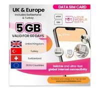 Love Mobile Data Only Sim Card - International Multi-Network 4G/5G Prepaid Data Sim for Mobile Phones, WiFi Routers, & More, UK (O2, Three & Vodafone), Europe, Switzerland & Turkey - 5GB for 60 Days
