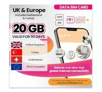 Love Mobile Data Only Sim Card - International Multi-Network 4G/5G Prepaid Data Sim for Mobile Phones, WiFi Routers, & More, UK (O2, Three & Vodafone), Europe, Switzerland & Turkey - 20GB for 90 Days