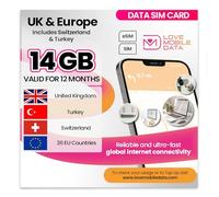 Love Mobile Data Only Sim Card - International Multi-Network 4G/5G Prepaid Data Sim for Mobile Phones, WiFi Routers & More, UK (O2, Three & Vodafone), Europe, Switzerland & Turkey - 14GB for 12 Months