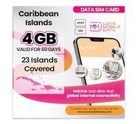 Love Mobile Data Only Sim Card - International Multi-Network 4G/5G Prepaid Data Sim - Mobile Phones, WiFi Routers & More, 23 Caribbean Islands (Bahamas, Dominican Republic, Jamaica) UK - 4GB 60 Days