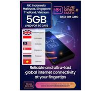 Love Mobile Data Only Sim Card - International Multi-Network 4G/5G Prepaid Pay As You Go Data Sim for Mobile, Routers etc, UK, Indonesia, Malaysia, Singapore, Thailand, Vietnam Coverage, 5GB - 60 Days