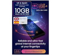 Love Mobile Data Only Sim Card - International Multi-Network 4G/5G Prepaid Pay As You Go Data Sim for Mobile Phones, WiFi Routers, & More, UK & Spain Coverage, 10GB for 60 Days