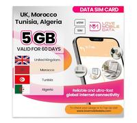 Love Mobile Data Only Sim Card - International Multi-Network 4G/5G Prepaid Pay As You Go Data Sim for Mobile Phones, WiFi Routers & More, UK, Algeria, Morocco & Tunisia - 5GB for 60 Days
