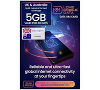 Love Mobile Data Only Sim Card - International Multi-Network 4G/5G Prepaid Pay As You Go Data Sim for Mobile Phones, WiFi Routers, & More, Australia & UK Coverage, 5GB for 60 Days