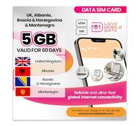 Love Mobile Data Only Sim Card - International Multi-Network 4G/5G Prepaid Pay As You Go Data Sim for Mobile Phones, WiFi Routers, Albania, Bosnia, Herzegovina, Montenegro & UK - 5GB for 60 Days