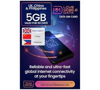 Love Mobile Data Only Sim Card - International Multi-Network 4G/5G Prepaid Pay As You Go Data Sim for Mobile Phones, WiFi Routers & More, UK, China & Philippines Coverage, 5GB for 60 Days