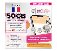 Love Mobile Data Only Sim Card - International Multi-Network 4G/5G Prepaid Pay As You Go Data Sim for Mobile Phones, WiFi Routers, & More, UK & France - 50GB for 180 Days