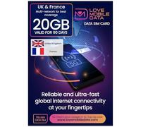 Love Mobile Data Only Sim Card - International Multi-Network 4G/5G Prepaid Pay As You Go Data Sim for Mobile Phones, WiFi Routers, & More, UK & France Coverage, 20GB for 90 Days
