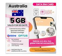 Love Mobile Data Only Sim Card - International Multi-Network 4G/5G Prepaid Pay As You Go Data Sim for Mobile Phones, WiFi Routers, & More, Australia (Telstra & Optus) - 5GB for 60 Days