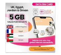 Love Mobile Data Only Sim Card - International Multi-Network 4G/5G Prepaid Pay As You Go Data Sim for Mobile Phones, WiFi Routers, & More, Egypt, Jordan, Oman & UK -5GB - 60 days