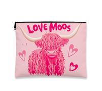 Love Moos Makeup Bag, Cute Highland Cow Graphic Cosmetic Travel Bags for Women, Portable Small Canvas Zipper Pouch, Festival Gift Skincare Toiletry Bag Organizer, Peach, 7x9 Inch
