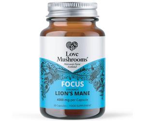 Love Mushrooms Organic Lion’s Mane Capsules 4,000mg per Serving | High Strength Mushroom Extract for Memory, Focus & Cognitive Support | Vegan, Plant Based Food Supplement, UK Made | 30 Capsules