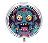 Love Music Monster Pill Box Medicine Pill Organizer 3 Compartment Daily Pill Case Small Pill Container Round Pill Holder Travel Pill Box Metal Pill Case for Purse Pocket
