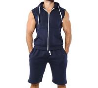 Love My Fashions® Men's Hooded Gilet Vest Tank Top & Shorts Set Sleeveless Regular Fit Summer Tracksuit Navy Blue