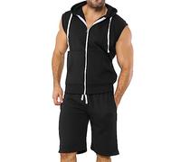 Love My Fashions® Men's Hooded Gilet Vest Tank Top & Shorts Set Sleeveless Regular Fit Summer Tracksuit Black