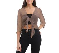 Love My Fashions® Women’s Fish Net Knitted Tie Up Bolero Shrug Top Ladies 3/4 Sleeve One Size Fits All Dark Brown