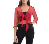 Love My Fashions® Women’s Fish Net Knitted Tie Up Bolero Shrug Top Ladies 3/4 Sleeve One Size Fits All Red