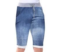 Love My Fashions® Women's Italian Shorts Ladies Summer Cotton Turn-Up 3/4 Cropped Printed Trousers Elasticated Drawstring Knee-Length Denim Magic Shorts