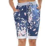 Love My Fashions® Women's Italian Shorts Ladies Summer Cotton Turn-Up 3/4 Cropped Printed Trousers Elasticated Drawstring Knee-Length Denim Magic Shorts