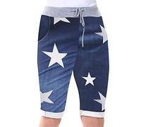Love My Fashions® Women's Italian Shorts Ladies Summer Cotton Turn-Up 3/4 Cropped Printed Trousers Elasticated Drawstring Knee-Length Denim Magic Shorts