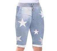 Love My Fashions® Women's Italian Shorts Ladies Summer Cotton Turn-Up 3/4 Cropped Printed Trousers Elasticated Drawstring Knee-Length Denim Magic Shorts