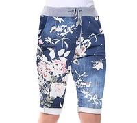 Love My Fashions® Women's Italian Shorts Ladies Summer Cotton Turn-Up 3/4 Cropped Printed Trousers Elasticated Drawstring Knee-Length Denim Magic Shorts