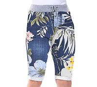 Love My Fashions® Women's Italian Shorts Ladies Summer Cotton Turn-Up 3/4 Cropped Printed Trousers Elasticated Drawstring Knee-Length Denim Magic Shorts
