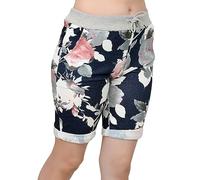 Love My Fashions® Women's Italian Shorts Ladies Summer Cotton Turn-Up 3/4 Cropped Printed Trousers Elasticated Drawstring Knee-Length Denim Magic Shorts