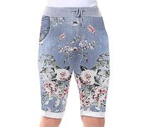 Love My Fashions® Women's Italian Shorts Ladies Summer Cotton Turn-Up 3/4 Cropped Printed Trousers Elasticated Drawstring Knee-Length Denim Magic Shorts