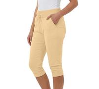 Love My Fashions® Women's Plain 3/4 Italian Magic Shorts Soft & Stretchy Knee Length Capri Cropped Trousers with Elastic Waist Drawstring and Side Pockets Casual Summer Wear Beige
