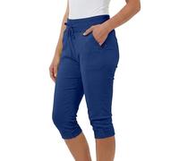 Love My Fashions® Women's Plain 3/4 Italian Magic Shorts Soft & Stretchy Knee Length Capri Cropped Trousers with Elastic Waist Drawstring and Side Pockets Casual Summer Wear Denim Blue