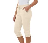 Love My Fashions® Women's Plain 3/4 Italian Magic Shorts Soft & Stretchy Knee Length Capri Cropped Trousers with Elastic Waist Drawstring and Side Pockets Casual Summer Wear Cream
