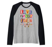Love Never Fails Bible Verse 1 Corinthians 13:8 Raglan Baseball Tee