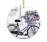 Love on the bike A 2.9-inch ceramic Christmas ornament with a printed pattern perfect for windowsills porches and living rooms