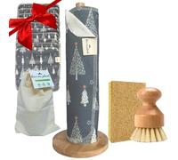 Love Our Planet 1Ply 10 Reusable Unpaper Towels, Eco Friendly Kitchen Paper Roll, Cleaning Cloths, Bamboo Dish Brush, Washing Up Sponge, Bamboo Stand Washable Non Scratch Scourer (Christmas)
