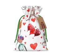 Love Paris Coffee Wine Perfume Bicycle Heart Printed Christmas Drawstring Bags with Green Christmas Ribbon - Reusable Burlap Drawstring Gift Pouches, M