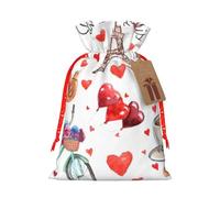 Love Paris Coffee Wine Perfume Bicycle Heart Printed Christmas Drawstring Bags with Red Christmas Ribbon - Reusable Burlap Drawstring Gift Pouches, M