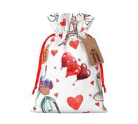 Love Paris Coffee Wine Perfume Bicycle Heart Printed Christmas Drawstring Bags with Red Ribbon - Reusable Burlap Drawstring Gift Pouches, S