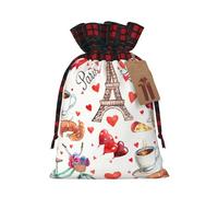 Love Paris Tower Bicycle Heart Print Festive Christmas Drawstring Gift Bags For Xmas Decorative Present Wrapping Needs
