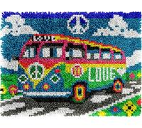 Love & Peace Bus Latch Hook Kits for Adults Kids Beginners Anti-war Latch Hook Rug Kit Pre-Printed Hook and Latch Carpet Making Kits Cross-Stitch DIY Wall Hanging Crochet Set 20x15 in.