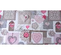Love Pink Hearts PVC Tablecloth White Grey Natural Brown Hearts Floral Lace Effect PVC Plastic Vinyl Oilcloth Wipe Clean Party Table Cloth Protector (120cm x 140cm Rectangle 47" x 54" inches)