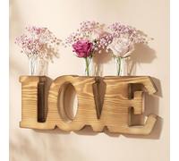 Love Plant Wall Decor, Wooded Letter Vase for Indoor Plants & Dried Flowers, Wood Wall Planter with 4 Glass Tubes for Plant Propagation Station